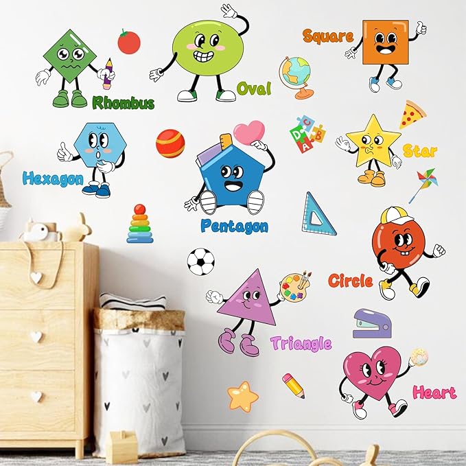 Mfault Kids Shapes Educational Wall Decals Stickers, Colorful Geometry Learning Baby Nursery Decorations Bedroom Art, Funny Boys Girls Toddlers Playroom School Classroom Daycare Library Home Decor