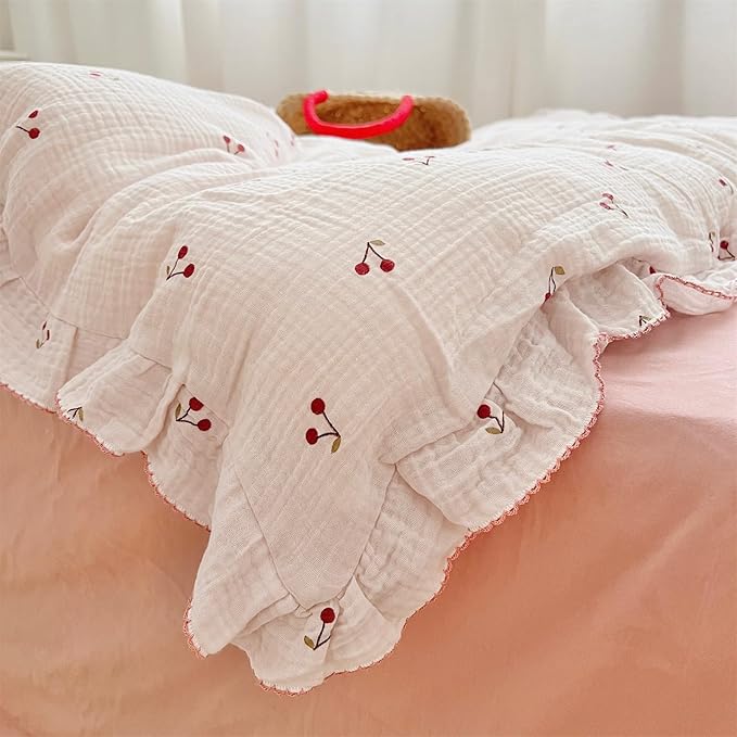 AOJIM Muslin Kids Duvet Cover for Boys Girls, 1 Piece Pure Cotton Toddler Cherry Comforter Cover 47X59'', 2-Layer Gauze Kids Bedding with Ruffled Design, No Quilt or Pillowcases