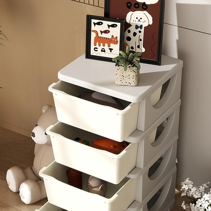 Qaba 4 Tier Kids Storage Unit, 4 Drawer Chest Toy Organizer Plastic Bins for Kids Bedroom Nursery Kindergarten Living Room for Boys Girls Toddlers, Cream White