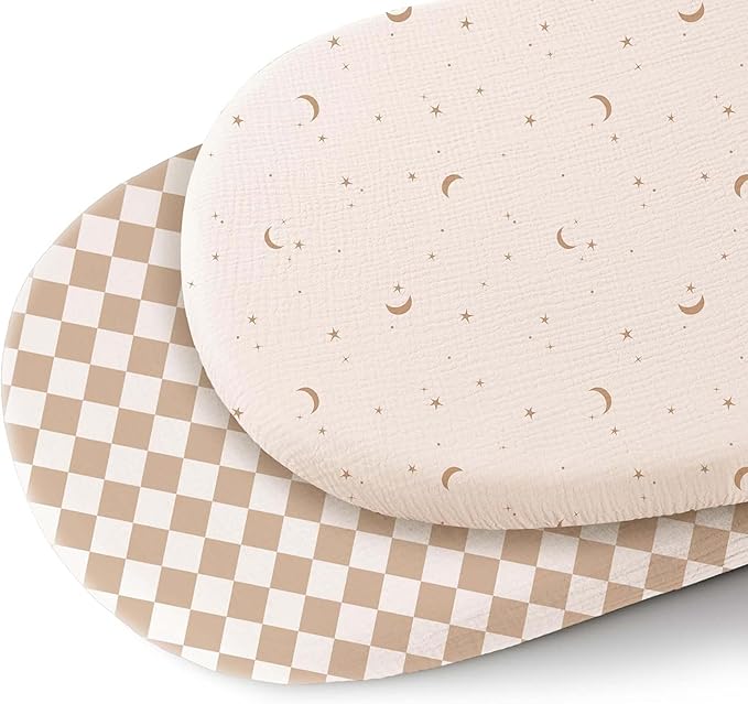 Konssy 2 Pack Muslin Bassinet Sheets for Baby Boy, 100% Cotton Soft Breathable Bassinet Mattress Sheets Fit for Hourglass Oval Cradle Rectangle Mattress (Coffee Check,Moon)