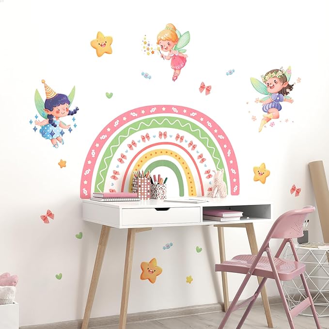 Tanlaby Large Rainbow Fairy Wall Stickers Elf Stars Wall Decals Peel and Stick Wall Art Sticker for Girls Bedroom Baby Nursery Kids Playroom Daycare Classroom Decor