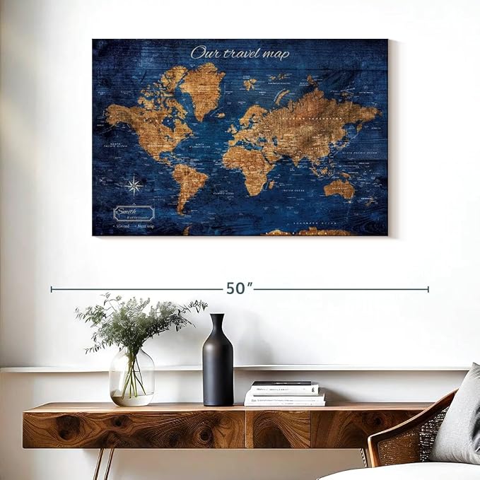 ElephantStock - Personalized Our Travel I Push Pin World Map Wall Art - Horizontal Canvas Wall Art - Living Room Wall Decor - Digital Art Map Canvas Art - Brown And Blue Decor - 39" x 26"