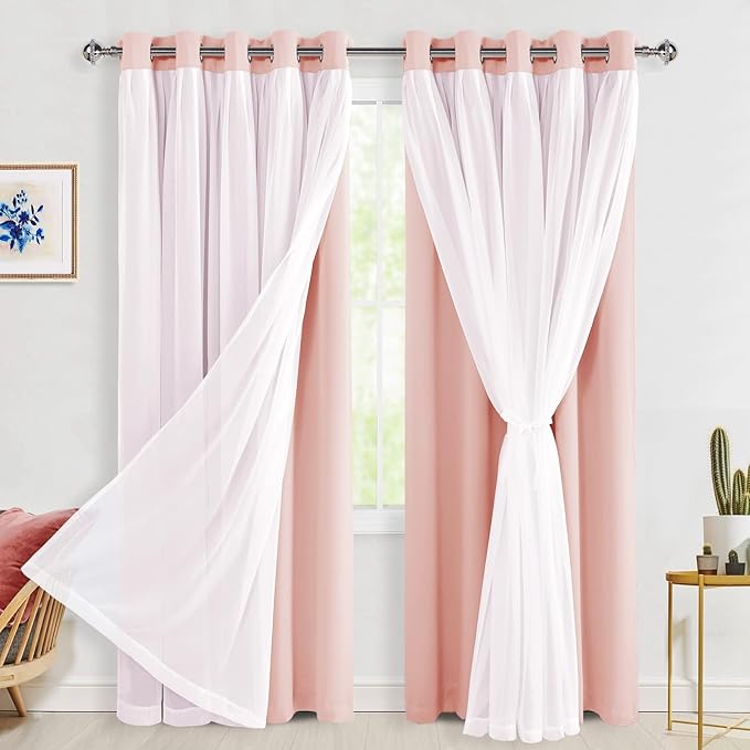 Hiasan Blackout Curtains with Sheer Overlay, Thermal Insulated Mix & Match Double Layer Room Darkening Window Curtains for Bedroom,Living Room,Nursery 2 Panels with Tiebacks (60W X 84L,Blush Pink)