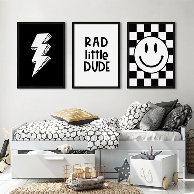 Boys Room Wall Art Decor Toddler Nursery Canvas Wall Art Baby Kids Wall Decor Black Checkered Smiley Poster Pictures Retro Playroom Rad Little Dud Art Prints for Bedroom 16x24x3 Inch Wood Framed