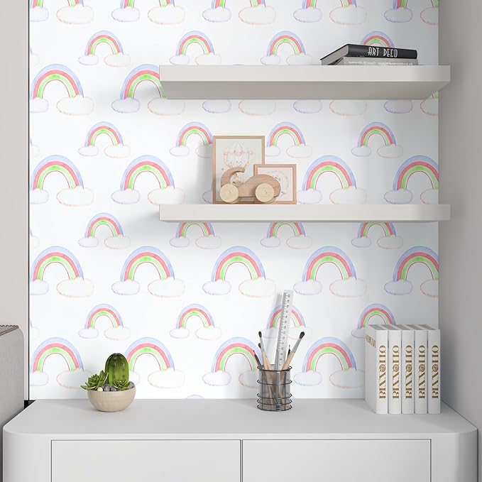 CHIHUT Watercolor Rainbow Cloud Peel and Stick Wallpaper Boho Colorful Rainbow Contact Paper for Cabinets 17.7”x100” Removable Self Adhesive Decorative White Wallpaper Roll for Nursery Wall Décor