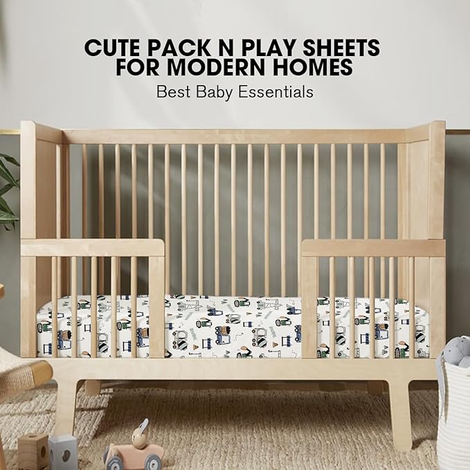 Little Grape Land Pack and Play Sheets Mini Crib Sheets Soft Breathable Pack N Play Sheets, Playard Fitted Sheet 2 Pack Stretchy Fits 38"x26" Playard Mattress, Navy Trucks