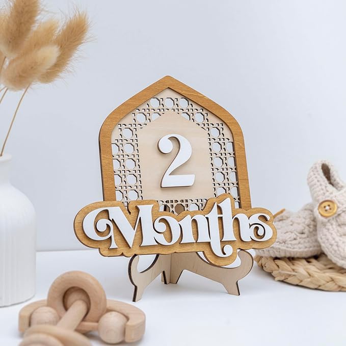 Wooden Baby Monthly Milestone Set with Patterned House Frame, 3D Layered Numbers and Months Sign, Natural Wood Newborn Photo Prop for Baby Monthly Pictures