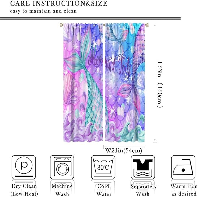 Dream Mermaid Curtain Colorful Mermaid Shell Ocean Theme Fantasy Blackout Curtains for Kids Boys Girls Bedroom Nursery Room Decor Rod Pocket Window Drapes 42x63in