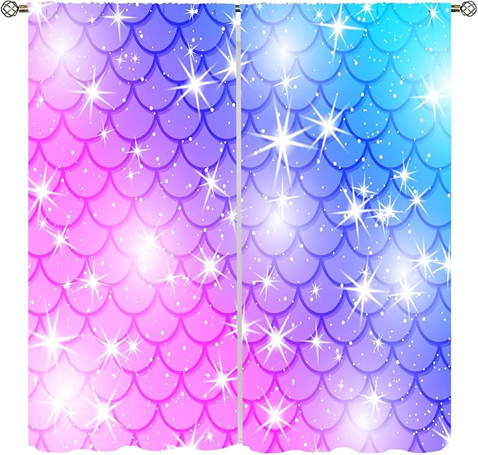 Mermaid Blackout Curtains, Kids Cartoon Blue and Pink Ocean Mermaid Scale Pattern Decoration for Girls Bedroom Nursery Curtains 42x44 Inch