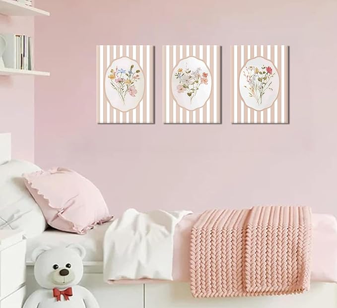 3Pcs Pink Flower Canvas Wall Art Light Pink Striped Plant Painting Picture Wall Decor Elegant wildflowers Poster Print Artwork for Bedroom Preppy dormitory Living Nursery Room Home Decoration