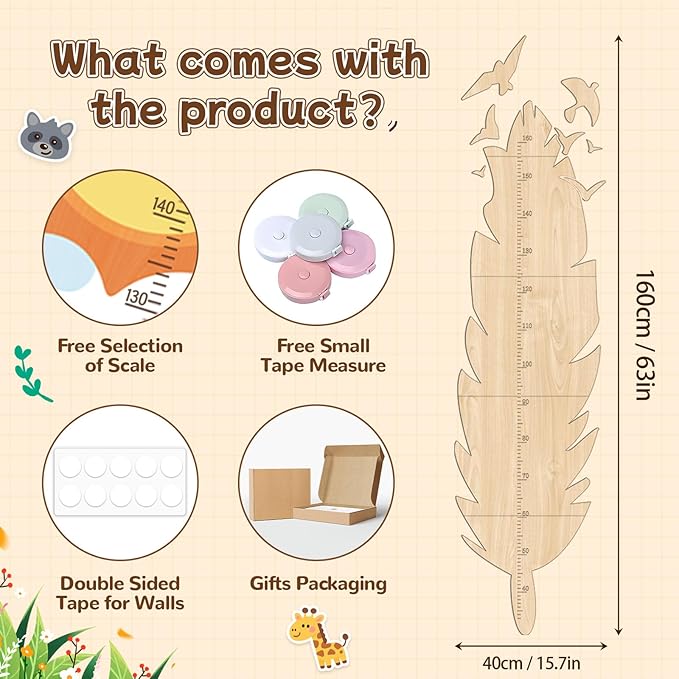 Personalized Growth Chart for Wall, Feathers Height Growth for Kids, Wooden Name Ruler for Nursery and Playroom, Baby Shower Gift 63" x 15.7"