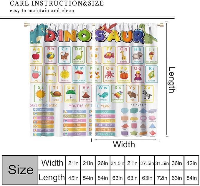 Funny Kids Alphabet Curtain, Cartoon Animal Alphabet Learning Dinosaur Boys Kids Students Baby Educational Colorful Blackout Window Treatments for Bedroom Living Room School 52" W X 84" L