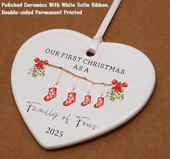 2025 Our First Christmas as a Family of Four-Parents Mom Dad Gift for New Baby Newborn-The Second Kid-Xmas Stocking Theme-Ceramic Hanging Heart Shaped Ornament-Double Sided Printed