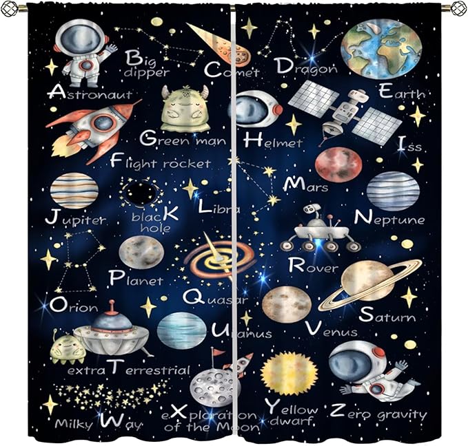Cartoon Kids Alphabet Astronaut Curtain，Retro Cute Cosmic Galaxy Letter Printed Rod Pocket Blackout Window Treatments for Boys Girls Bedroom Living Room School 63" W X 63" L