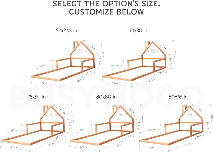 BUSYWOOD Toddler Floor Bed Frame - Cozy House Bed for Kids - Montessori Floor Kids Bed - Twin Bed Frames for Kids - Loft Bed for Toddler - Wood Children Bed (Model 3, Floor Bed)