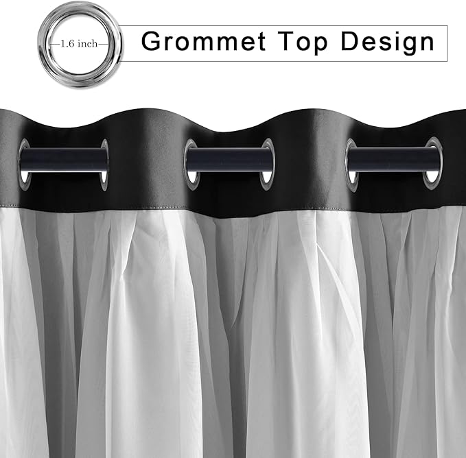 Hiasan Black Blackout Curtains with Sheer 84 Inches Long, Thermal Insulated Mix & Match Double Layer Room Darkening Curtains for Bedroom, Living Room, 2 Window Drape Panels with Tiebacks, 38W X 84L