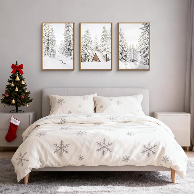 HLNIUC Christmas Snow Forest Framed Wall Art Set of 3, Large Winter Mountain Pine Tree Decor, Vintage White Cabin Landscape Canvas Art(16x24), Farmhouse Rustic Prints for Living Room, Bedroom, Office