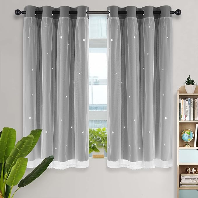 Kinryb Blackout Curtains for Girl Bedroom/Living Room/Classroom, Sheer Overlay Small 2 Panel Set, Double Layer Curtains with Star Cutout for Kids Room(W 52 x L 45 Inches,Grey 2 Pcs)