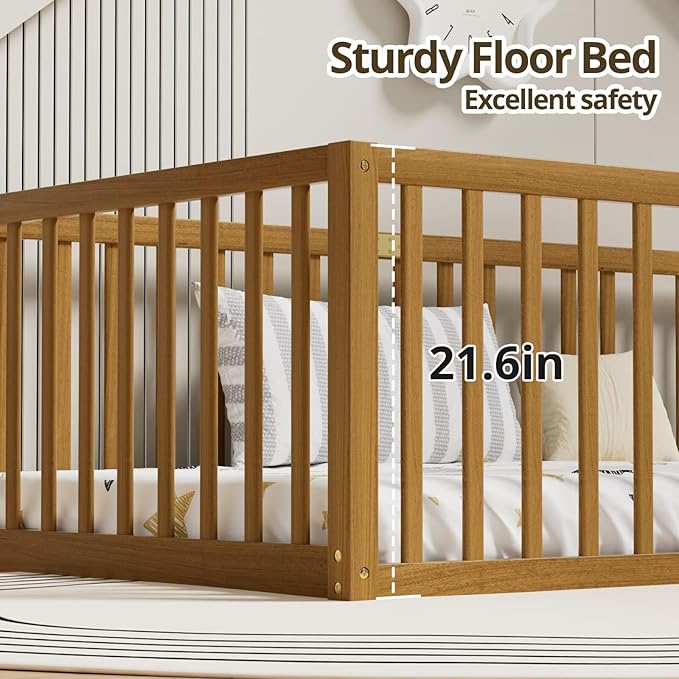 LLS Full Size Floor Bed with 21.6" High Fence for Kids Boys Girls, Solid Wood Multifunctional Montessori Bed Frame with Door, Without Slats, Light Espresso