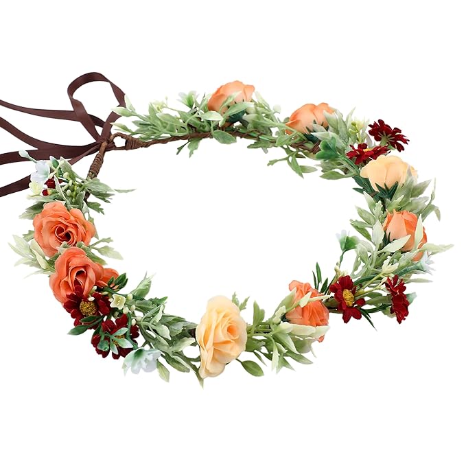 Floral Crown Women Girls - Orange Boho Floral Headpiece with White Green Leaves Charming Fairy Flower Headband for Wedding Photo Shoot Festivals