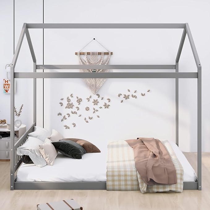 Bellemave Queen House Bed with Roof Wood Montessori Floor Beds for Kids Wood House Floor Bed Frame for Girls Boys Teens Adults, No Spring Box Needed, Gray