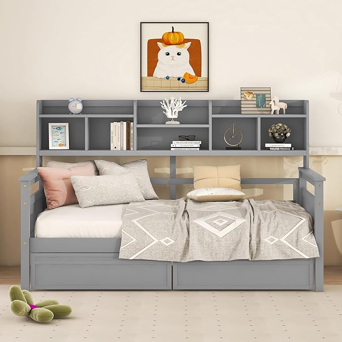 Harper & Bright Designs Twin Daybed with Storage, Wood Twin Size Bed Frame with Bookcase Headboard and 2 Drawers, Twin Sofa Bed with Shelves for Living Room Bedroom, No Box Spring Need, Grey