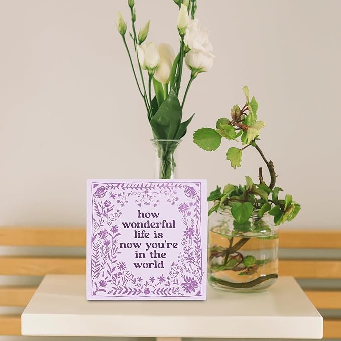 How Wonderful Life Is Now You're in the World Wood Box Sign 5×5 Inches, Boho Floral Wood Sign for Nursery Kids Boy Girl Newborn Teen Bedroom Home Desk Tabletop Shelf Decor