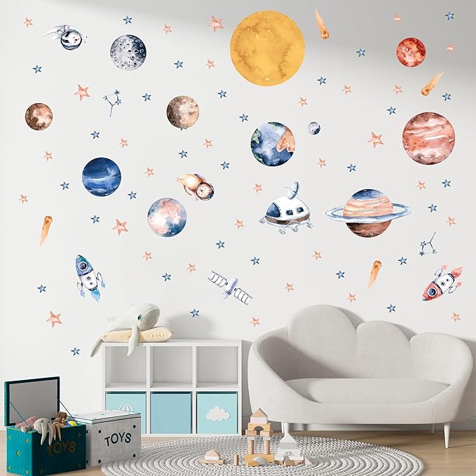 Solar System Wall Decals for Kids - Planets and Space Themed Wall Stickers by Lipastick - Peel and Stick Vinyl Decals for Boys and Girls Bedroom, Nursery, Playroom, Daycare - XXL Size