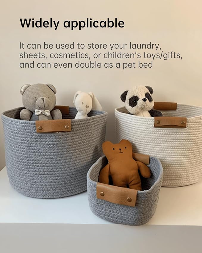 Small Cotton Woven Basket with PU Leather Handle, Baby Kids Clothes Toys Candy Gifts Cotton Rope Organizer, Living Room Bathroom Shower Storage Laundry Basket, Dog Cat Bed, Cute Decor, Black