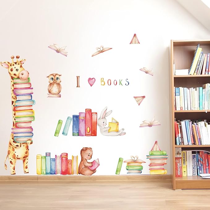 Animals Reading Books Wall Decals Watercolor Large Giraffe Bear Rabbit Owl Read Books Wall Stickers for Kids Bedroom Nursery Playroom Classroom Library Reading Corner Decoration