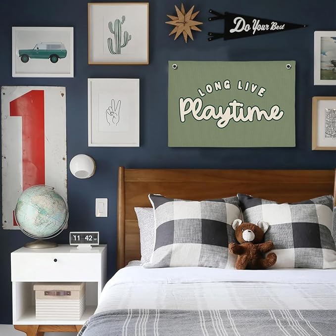 Playroom Decor for Boy, Long Live Playtime Wall Hanging Linen Banner, Blue Striped Wall Flag for Kids Room Nursery Playroom Decor, 20x30 Inch-Green