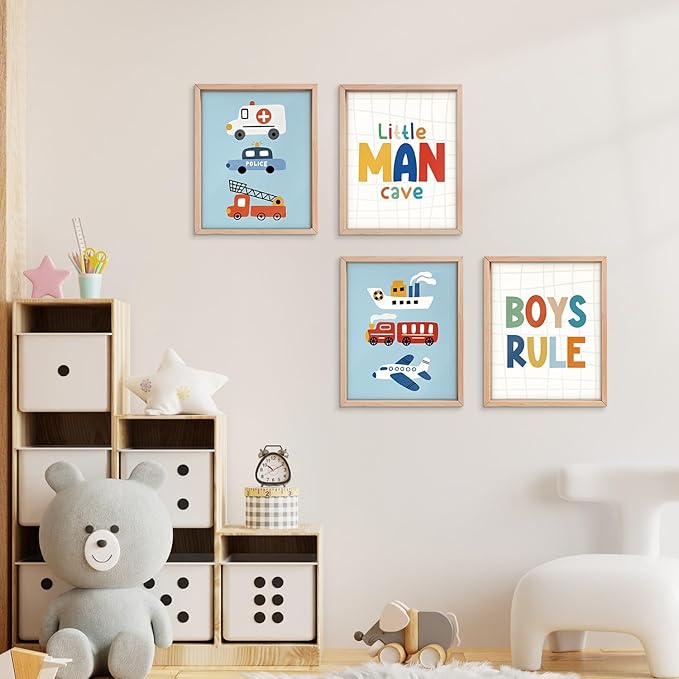 VONTP Boys Room Wall Art Decor, Little Man Cave Boys Rule Vehicle Transports Prints Poster Wall Decorations for Kids Boy Nursery Toddler Room Bedroom Playroom, 8x10 Inch Set of 4 (Unframed)