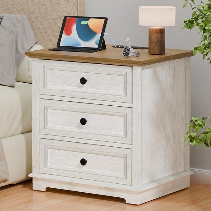 3 Drawer Dresser, Chest of Drawers with Charging Station, 24” Wide End Table with 3 Drawers, Modern Bedside Table with Storage, Wooden Small Dresser. (White)