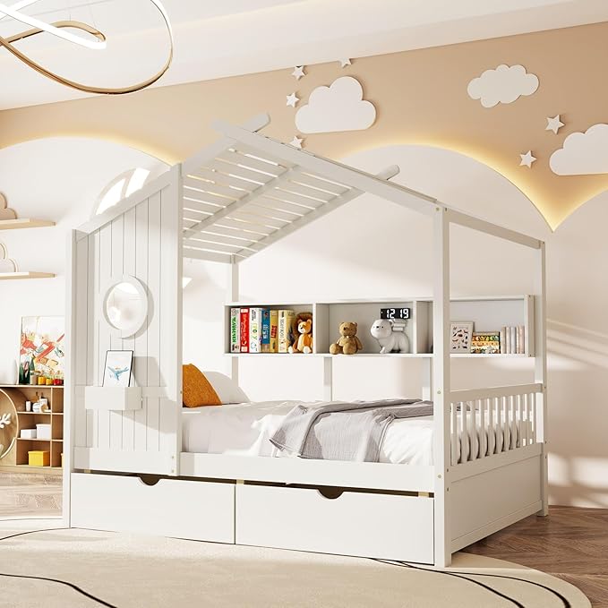 Aoowow Full Size House Bed with Storage Shelves and Drawers, Wood Platform Kids House Bed with Window and Roof for Bedroom, Full Playhouse Bed Frames for Boys Girls, Can be Decorated, White