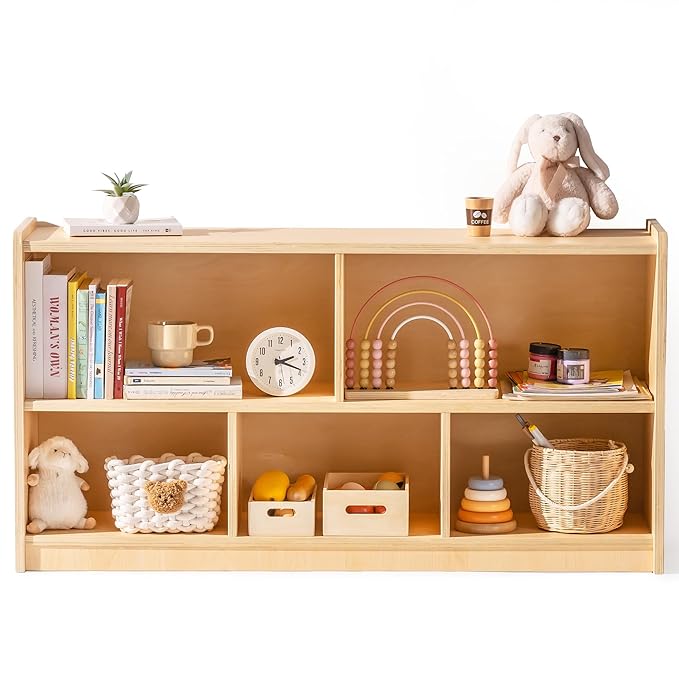ROBUD Wooden Toy Storage Organizer, 5-Compartment Montessori Shelf with Anti-tip Kit, Wooden Storage Cabinet for Kids Room, Bedroom, Playroom, Nursery, Preschool, 44.9" x 23.6" x 11.8"