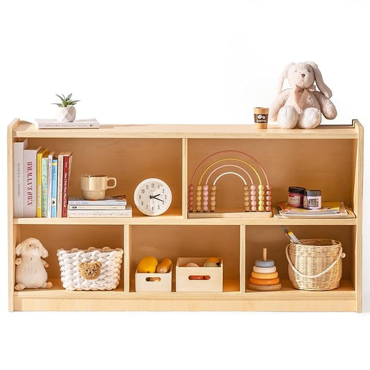 ROBUD Wooden Toy Storage Organizer, 5-Compartment Montessori Shelf with Anti-tip Kit, Wooden Storage Cabinet for Kids Room, Bedroom, Playroom, Nursery, Preschool, 44.9" x 23.6" x 11.8"