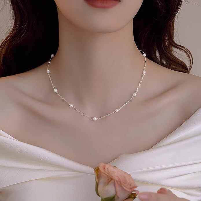 SmileBelle Pearl Necklaces for Women, Daisy Pearl Choker as Christmas Stocking Stuffers for Teens, Silver Daisy Pearls Jewelry Trendy Stuff Birthday Gifts 3 Pearls White Necklace as Wedding Jewelry