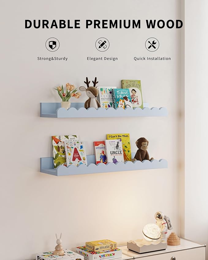 Shario Nursery Book Shelves, 4-Pack White Floating Shelves for Wall Kids, Scalloped Shelves, Wall Book Shelves for Bedroom Kids, Toddler Room, Baby Room, Nursery Decor (Blue, 16.5 Inches)