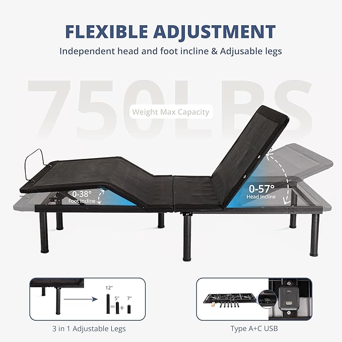 EGOHOME Twin XL Adjustable Bed Frame and 14 inch Charcoal Gel Memory Foam Mattress, Independent Head and Foot Incline with Massage, Wireless Remote, Zero Gravity, Adjustable Legs, No Headboard