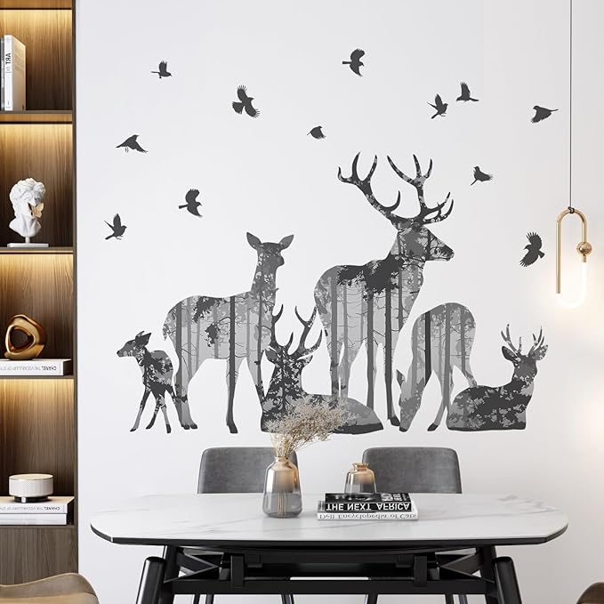 2 Sheets Forests Silhouette Animals Wall Decals Removable Wild Elk Tree Wall Decals Peel and Stick Vinyl Birds Wall Art Decor for Children Nursery Bedroom Living Room Wall Corner Decor