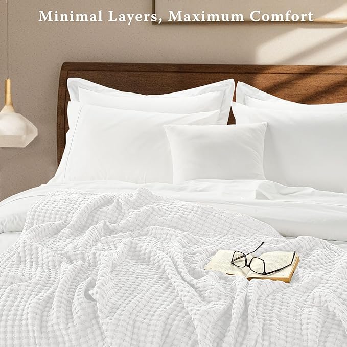 Threadmilll Cooling Waffle Blanket King Size | Breathable, Lightweight and Cooling | Made from Rayon Derived from Bamboo | Waffle Throw Blanket for Couch and Sofa | 106 x 92 Inches | White