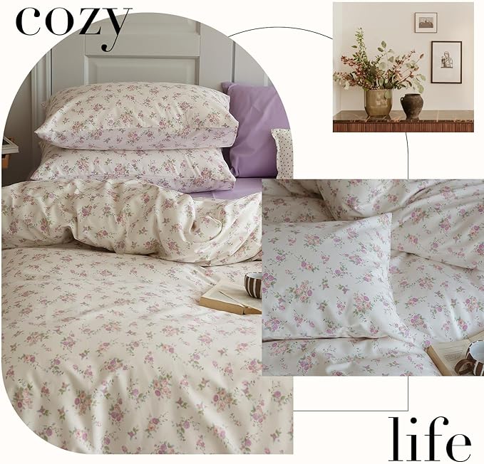 Vintage Style Pink Purple Floral Duvet Cover King 100% Cotton Chic Garden Floral Bedding Set Botanical Flower Comforter Cover with 2 Pillowcases Cottagecore Bedding Cover King with Zipper Closure
