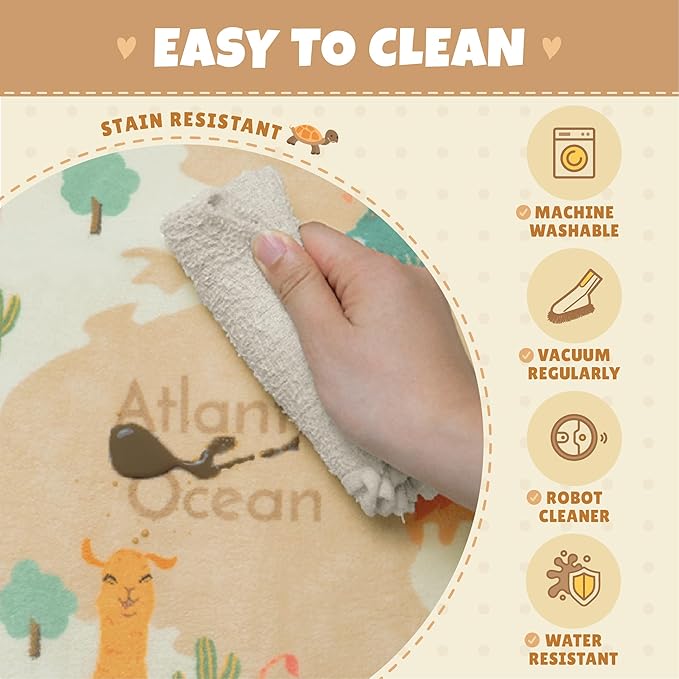 Washable Kids Rug for Playroom – 5x7 Toddlers Room Play Rug, Educational World Map Play Mat with Cute Animals – Non-Slip, Stain Resistant, Soft & Safe for Baby, Nursery, Kids Room, Bedroom - Beige