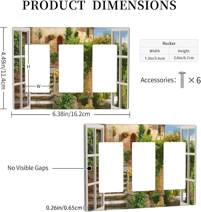 Mediterranean Greece Scene Flowers Light Switch Cover Triple Rocker Decorative 3 Gang Switches Plates and Outlet Covers Italian Town from Another Window Switchplate Wallplate for Kitchen Living Room