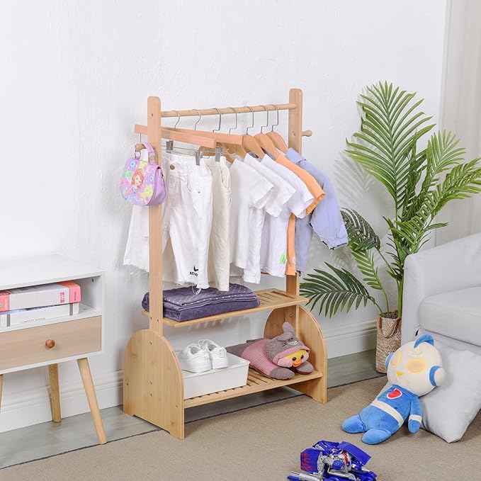 Kids Clothing Rack With Adjustable Rods, Children Clothes Garment Rack for Baby Pet, Dress Up Rack With 2 Bottom Shelves, Wardrobe Closet for Toddlers Nursery