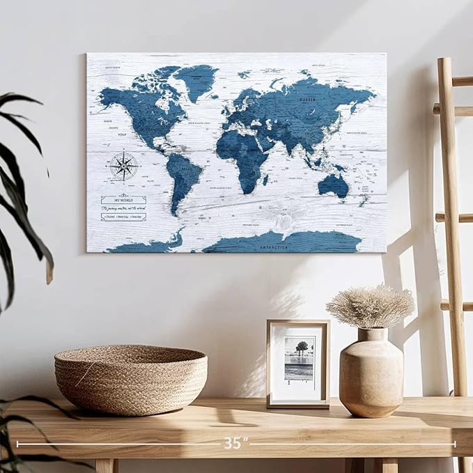 ElephantStock - My World Push Pin Map IV Wall Art - Horizontal Canvas Wall Art - Living Room Wall Decor - Unique Map Canvas Art - Blue And Decor - 24" x 16"