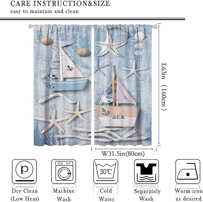 Nautical Curtain,Navy Anchor Sailing Map Starfish Seashells Bedroom Curtain,Waterproof Washable Fabric for Bedroom Decor Set 2 Panels,63x63 Inches, Beach