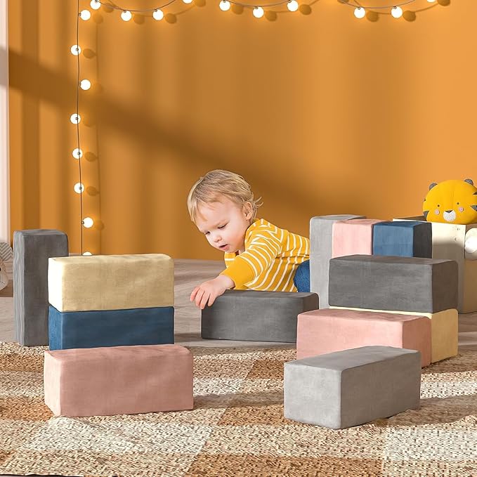 12 PCS Modular Kids Play Block Couch Child Sectional Soft Sofa Toddler Building Fortplay Climbing Bedroom Playroom Baby Convertible Floor Foam Cushion for Boys & Girls (12pcs+Rectangle)