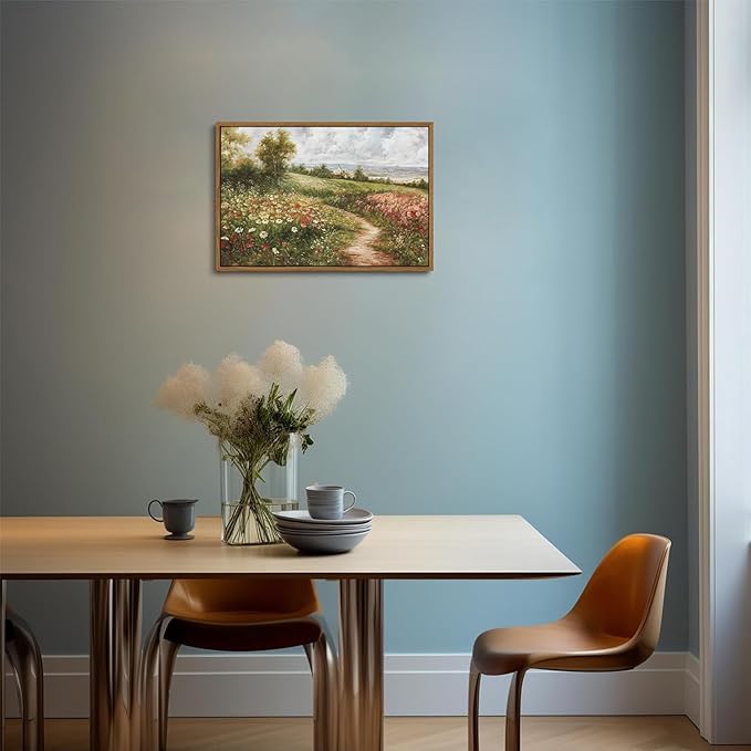 OIQArtOIQ Vintage Landscape Framed Wall Art Summer Countryside Wildflower Field Path Canvas Art Prints Farmhouse Cottagecore Pictures Wall Decor Rustic Meadow Paintings Artwork For Kitchen Bedroom