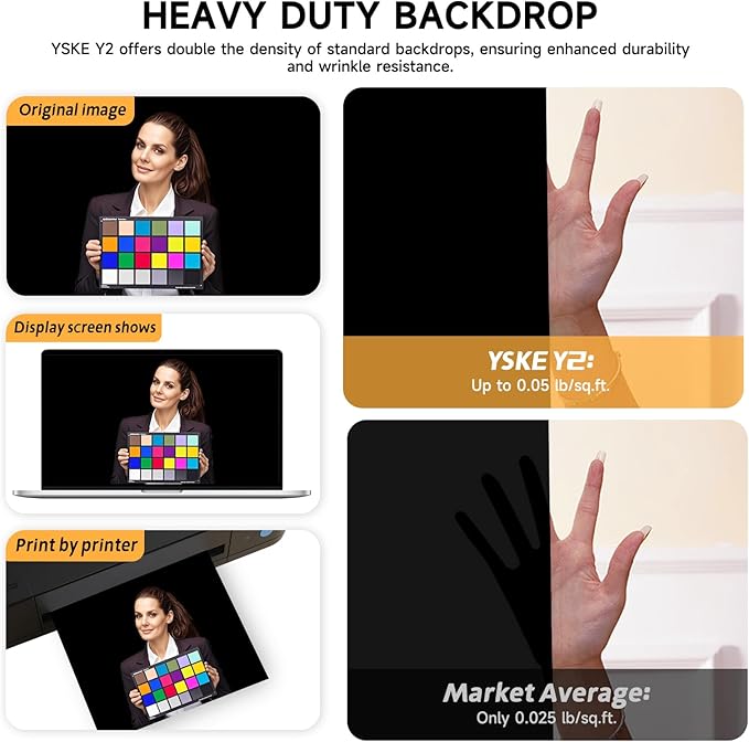 YSKE-Y2 Heavy Duty Photo Backdrop, 10x8ft Black Seamless Fabric Background Photography Backdrop Curtain Screen for Photoshoot Video Studio Party